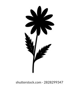 Black silhouette of a flower with a leafy stem on a white background, emphasizing natural beauty and botanical simplicity.