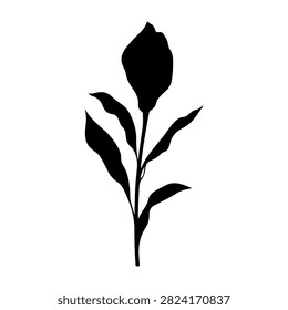A black silhouette of a flower with leaves, showcasing natural botanical beauty and plant structure in a minimalistic style.