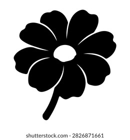 A black silhouette of a flower with multiple petals and a stem, isolated on a white background, emphasizing natural floral shape and structure.