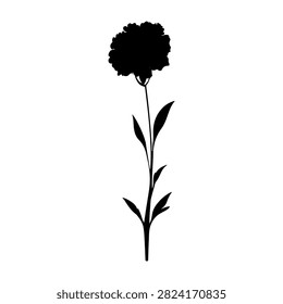 A black silhouette of a flower with a rounded bloom, two leaves, and a slender stem, isolated on a white background, emphasizing natural elegance.