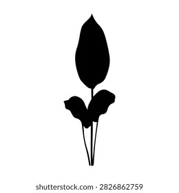 A black silhouette of a flower with a single leaf, isolated on a white background, emphasizing natural botanical shape and form.