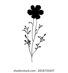 Black silhouette of a flower with stem and leaves on a white background, emphasizing natural beauty and botanical simplicity.