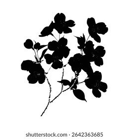 A black silhouette of a flowering branch against a white background. The image features detailed blossoms and leaves in a minimalist style. The overall mood is serene and elegant.