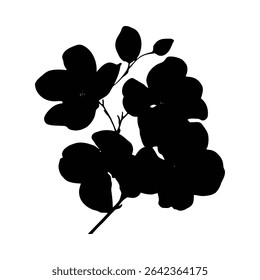 A black silhouette of a flowering branch against a white background. The image features several large petals and smaller leaves, creating a simple yet elegant botanical illustration.