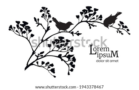 Black silhouette of flowering branches and birds. Spring background. Vector illustration.