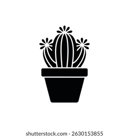 Black silhouette of a flowering cactus in a pot. Vector graphic of a desert plant for design elements, prints, stickers, and various creative projects.