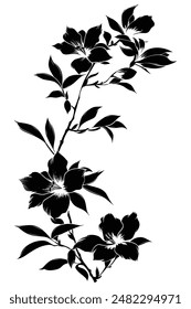 Black silhouette flowers branches and leaves, perfect for any project. Monochrome and elegant, ideal for invitations