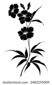 Black silhouette of flowers growing on a branch with leaves, isolated on white background