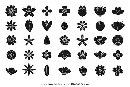 Black silhouette flowers icons set. Simple template spring flower. Sign nature element, symbols for floral shop logo, cute stickers, tags or gift wrapping paper. Isolated on white vector illustration