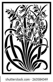 Black silhouette of flowers ornament. Figure bouquet in the form of a stencil. Vector pattern with campanulas