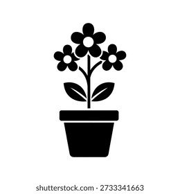 A black silhouette of flowers in a pot, distinguished by its bold and graphic style.