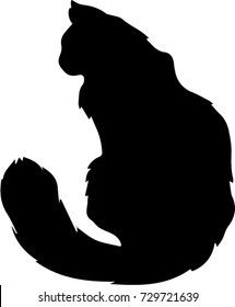 Black silhouette of fluffy cat sitting back half-turned isolated on white background. Vector illustration, icon, clip art.