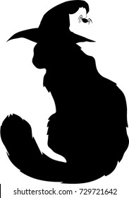 Black silhouette of fluffy cat in witch hat sitting back half-turned isolated on white background. Vector illustration, icon, clip art.