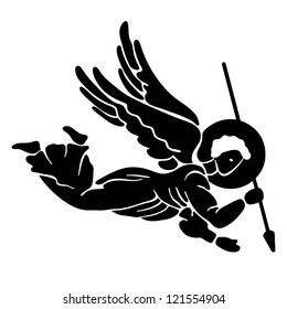 Black silhouette of flying angel with spear