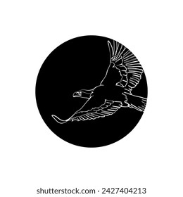 Black silhouette of the flying bald eagle in black circle. Graphic drawing. Vector illustration.