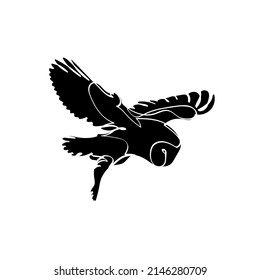 Black silhouette of the flying barn owl on white background. Graphic drawing. Vector illustration.