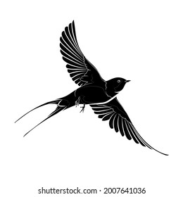 Black silhouette of the flying barn swallow (Hirundo rustica) on white background. Graphic drawing. Vector illustration.