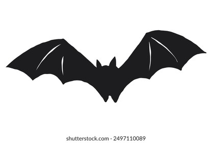 Black silhouette of a flying bat isolated on white background.