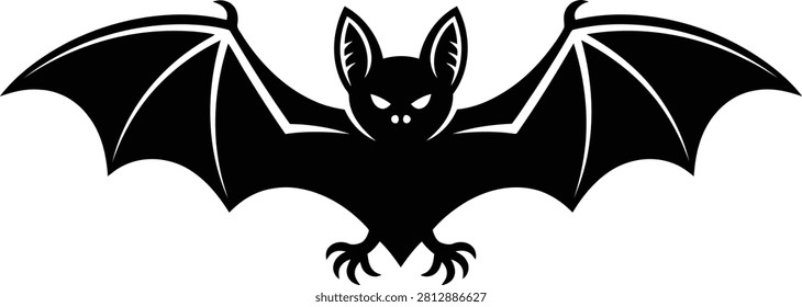 Black silhouette of a flying bat with outstretched wings and sharp claws flying solo