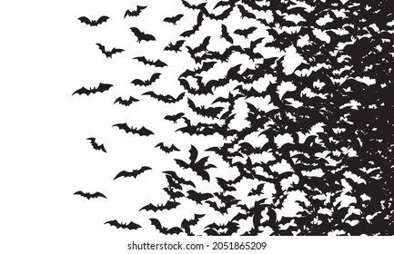 Black silhouette of flying bats flock isolated on white background. 