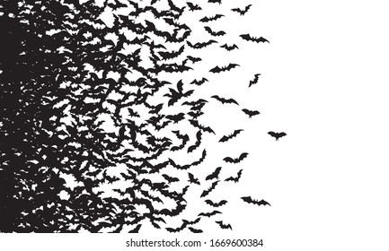 Black silhouette of flying bats isolated on white background. Halloween traditional design element.