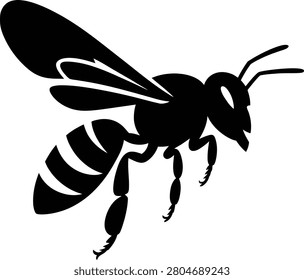 Black silhouette of a flying bee with striped abdomen and large wings in motion