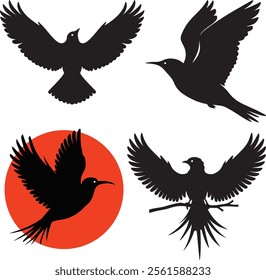 Black Silhouette Flying Bird Icons with Orange Sun Element