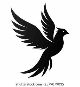 black silhouette flying bird outstretched wings on white background