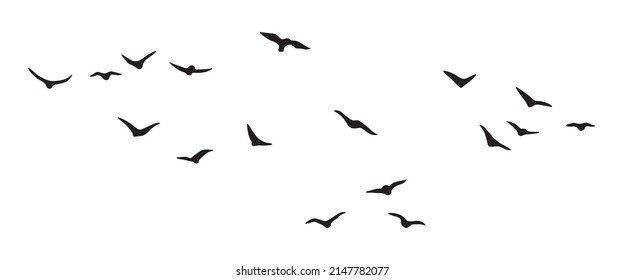 Black silhouette of flying birds group isolated on white background. Vector design element. Bird flock simple illustration.