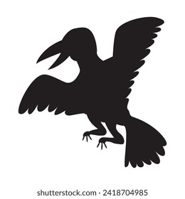 Schwarze Silhouette fliegen kreuz raven Vogelkörper, märchenhafte Halloween-Charakter. Schattenspur der nächtlichen Rabe. Einfache, schwarz-weiße Vektorgrafik einzeln auf weißem Hintergrund