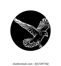 Silueta negra de un cuervo volador en círculo negro. Dibujo gráfico. Ilustración vectorial.