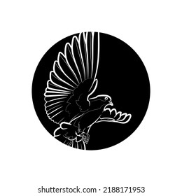 Black silhouette of flying dove in black circle. Graphic drawing. Vector illustration.
