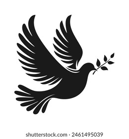 Black silhouette of flying dove with a olive branch in its beak isolated on white background, side view. Vector illustration