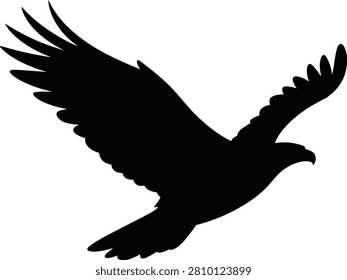 Black silhouette of a flying eagle with wings spread wide against a white background