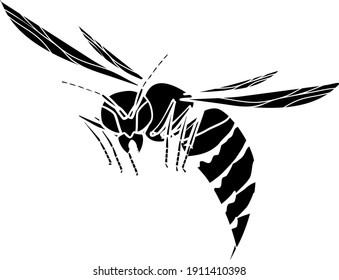 Black silhouette of flying European hornet (Vespa crabro) isolated  white on background