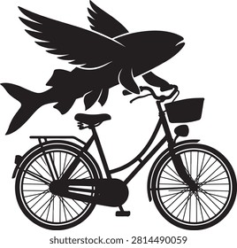 Black silhouette of a flying fish with wings riding a bicycle with a front basket on a white background, isolated