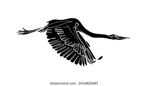 Silueta negra de la gran garza azul voladora sobre fondo blanco. Dibujo gráfico. Ilustración vectorial.