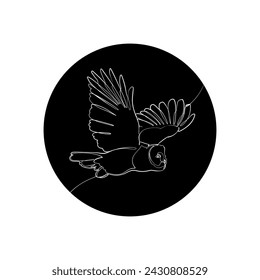 Black silhouette of the flying great grey owl in black circle. Graphic drawing. Vector illustration.