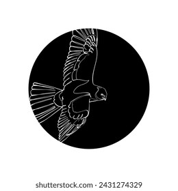 Black silhouette of the flying hen harrier in black circle. Graphic drawing. Vector illustration.