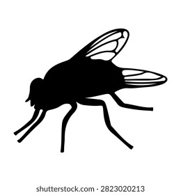 A black silhouette of a flying insect showcasing detailed wings and body structure, set against a plain white background.