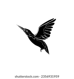 Black silhouette of flying kingfisher on white background. Graphic drawing. Vector illustration.