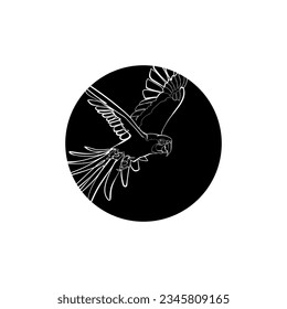 Schwarze Silhouette fliegender Ara in schwarzem Kreis. Grafische Zeichnung. Vektorgrafik.
