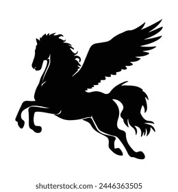 Black silhouette of flying Pegasus on a white background. Vector illustration.
