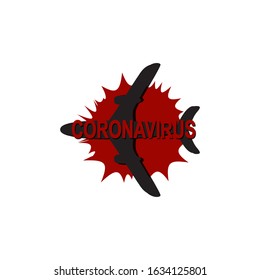 black silhouette of a flying plane and a coronavirus sign. Vector illustration isolated on a white background