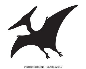 Black silhouette of flying Pteranodon with long wings and head crest, isolated on white background, graphic illustration. Concept of prehistoric pterosaur, jurassic flying reptile, design element.
