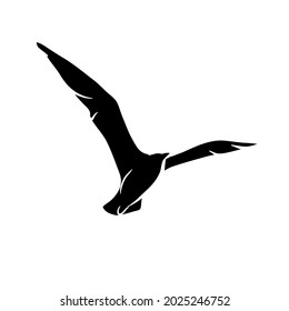 Black silhouette of flying sea gull on white background. Graphic drawing. Vector illustration.