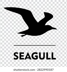 Black silhouette of a flying seagull isolated on a transparent background. Vector illustration of a bird icon for logo, design, or creative projects.