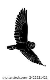 Black silhouette of the flying short-eared owl on white background. Graphic drawing. Vector illustration.