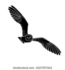 Black silhouette of the flying short-eared owl on white background. Graphic drawing. Vector illustration.
