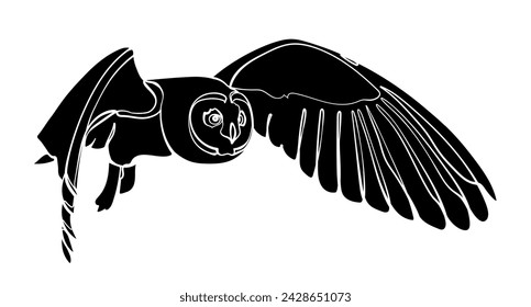 Black silhouette of the flying short-eared owl on white background. Graphic drawing. Vector illustration.